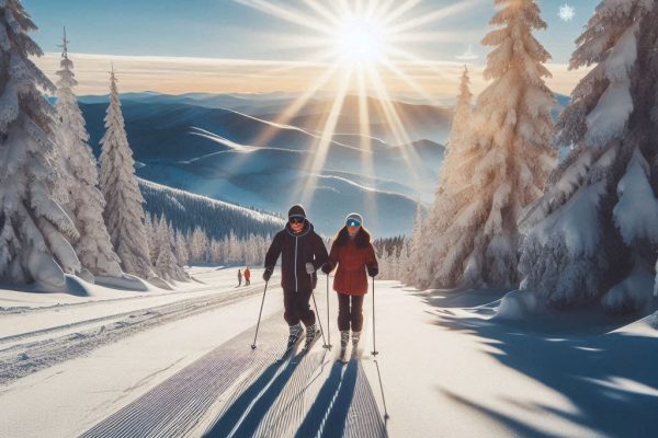 пара людей на лыжах в солнечный день
