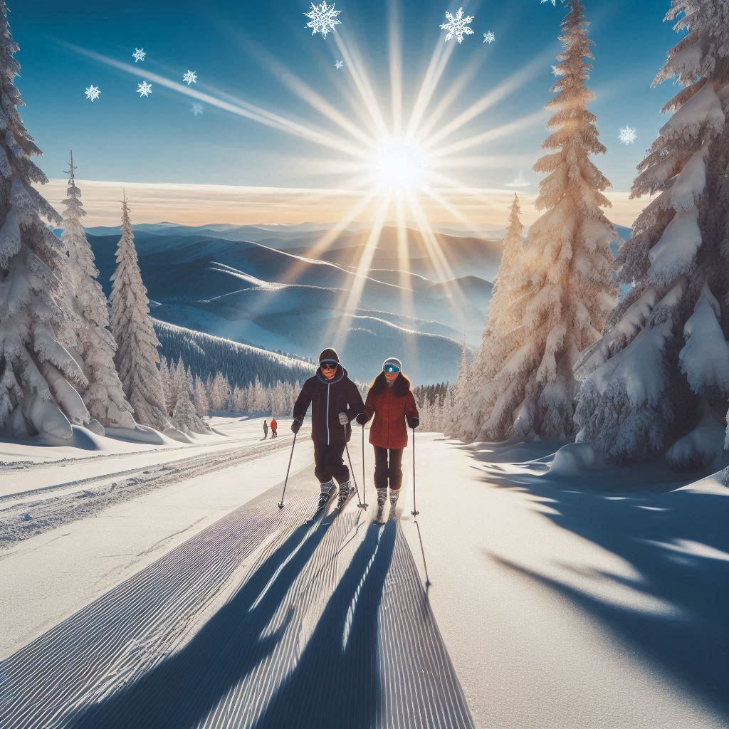 пара людей на лыжах в солнечный день