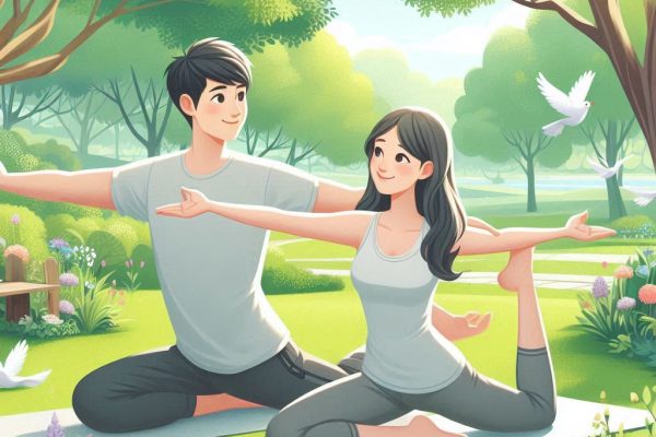 пара занимается спортом на фоне природы