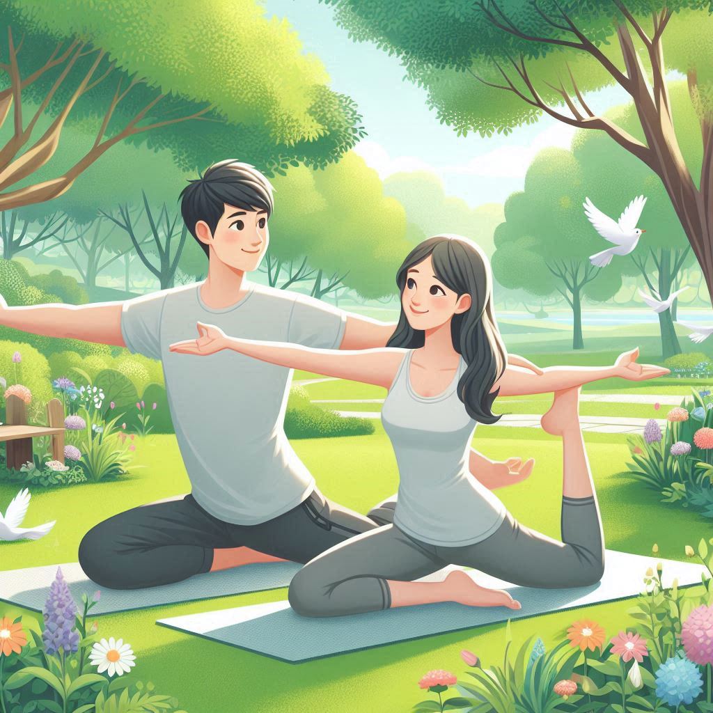 пара занимается спортом на фоне природы