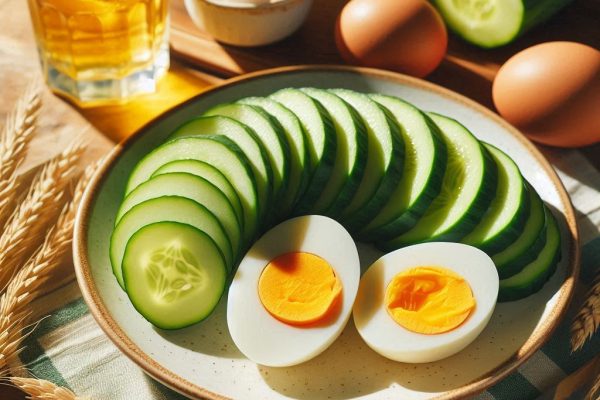 огурец нарезанный на тарелке и варенфе яйца