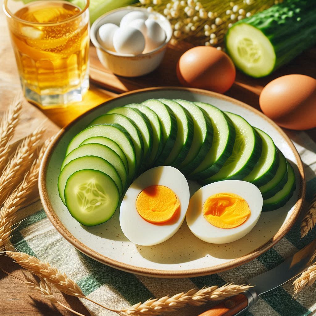 огурец нарезанный на тарелке и варенфе яйца