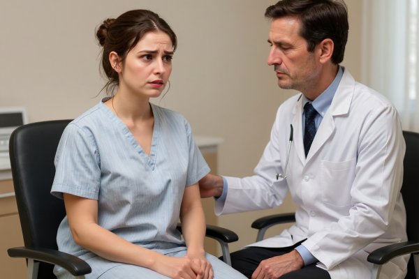 больная женщина которую утешает врач