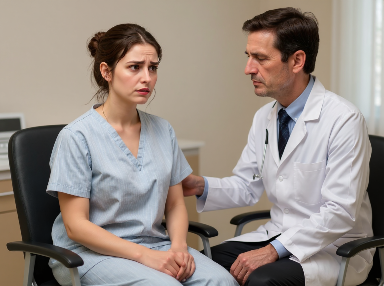 больная женщина которую утешает врач
