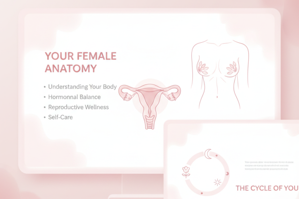 Анатомическая иллюстрация женского таза с розовыми точками, показывающими расположение очагов эндометриоза