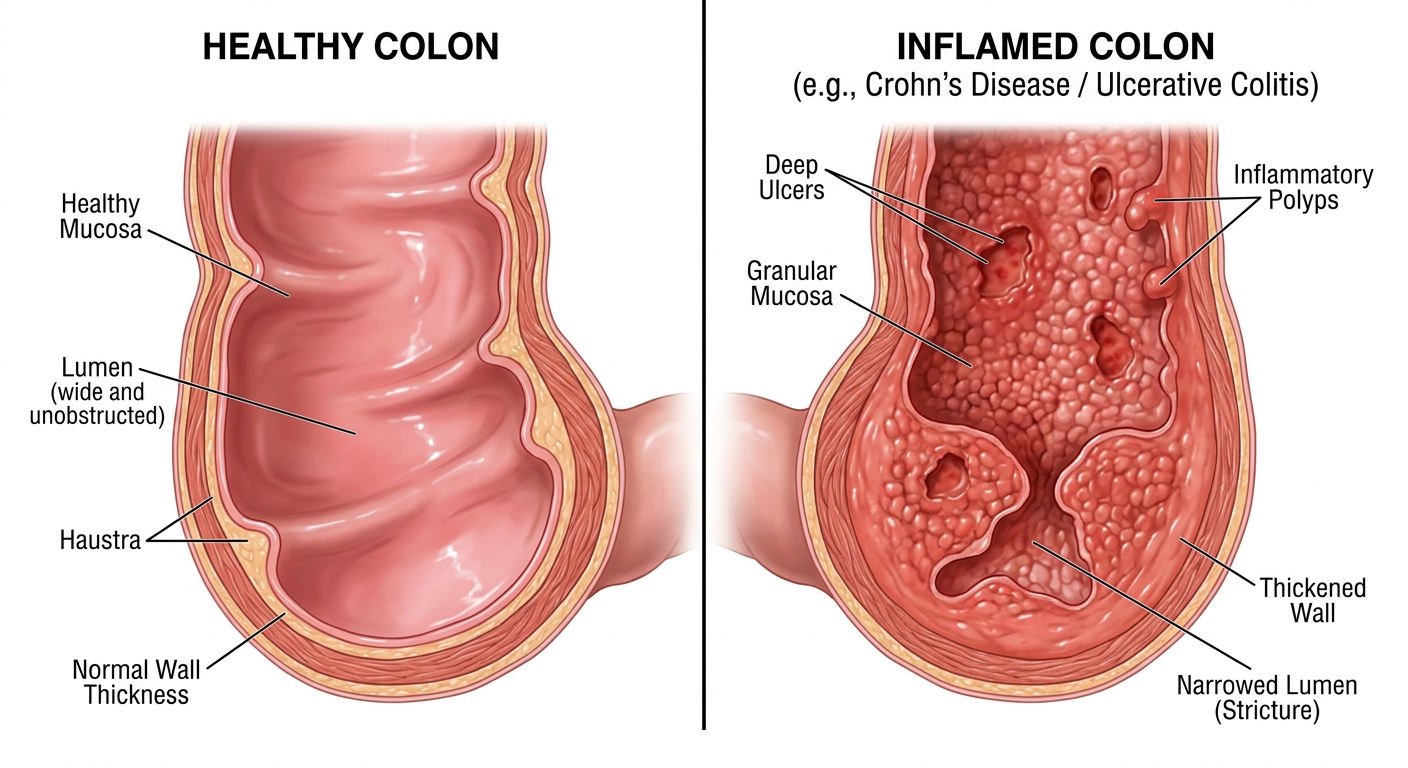 healthy colon vs inflamed colon